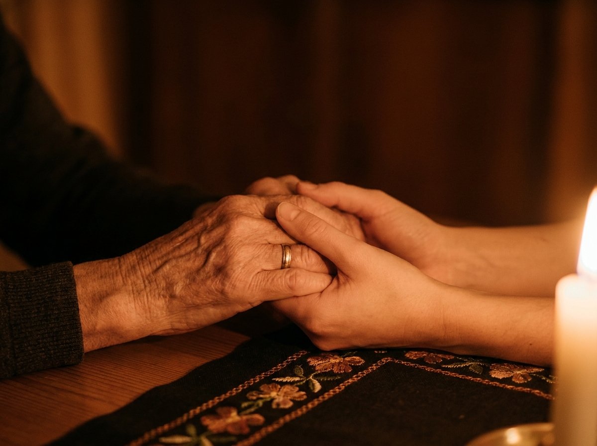 Mãos de diferentes gerações se encontrando à luz de velas